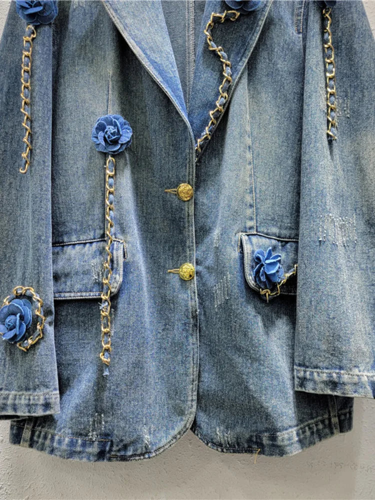 Women Denim Blazer Patchwork Flowers Gold Chains Washed Notched Collar Elegant Suit Jackets  Autumn New Fashion