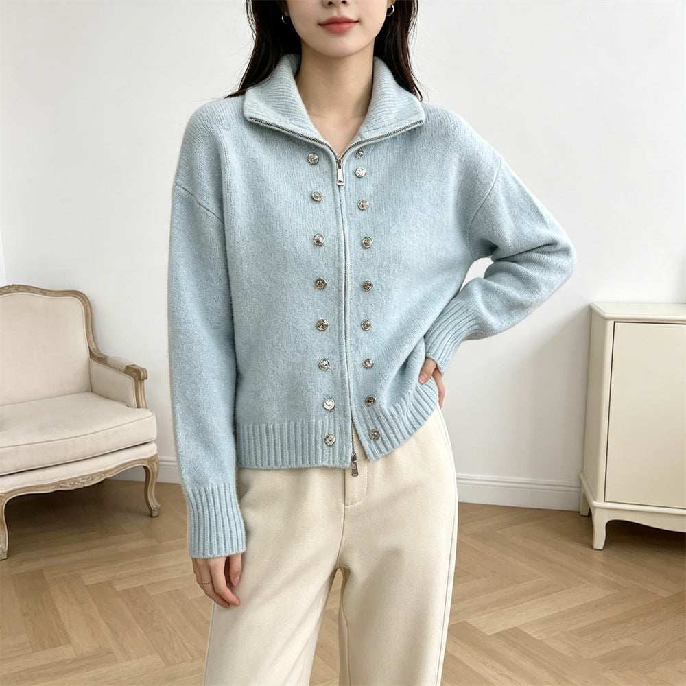 Double row decorative buckle solid color zipper sweater