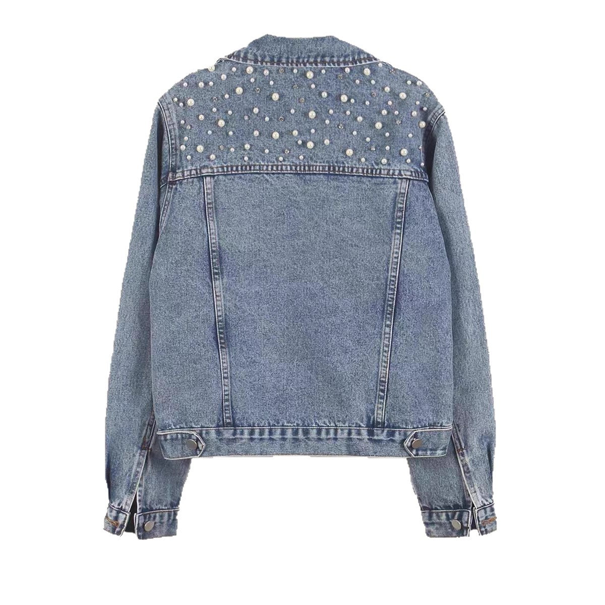 Women's Denim Jacket with Beading Rhinestonesand Pearls, Fashionable Ulzzang Outerwear
