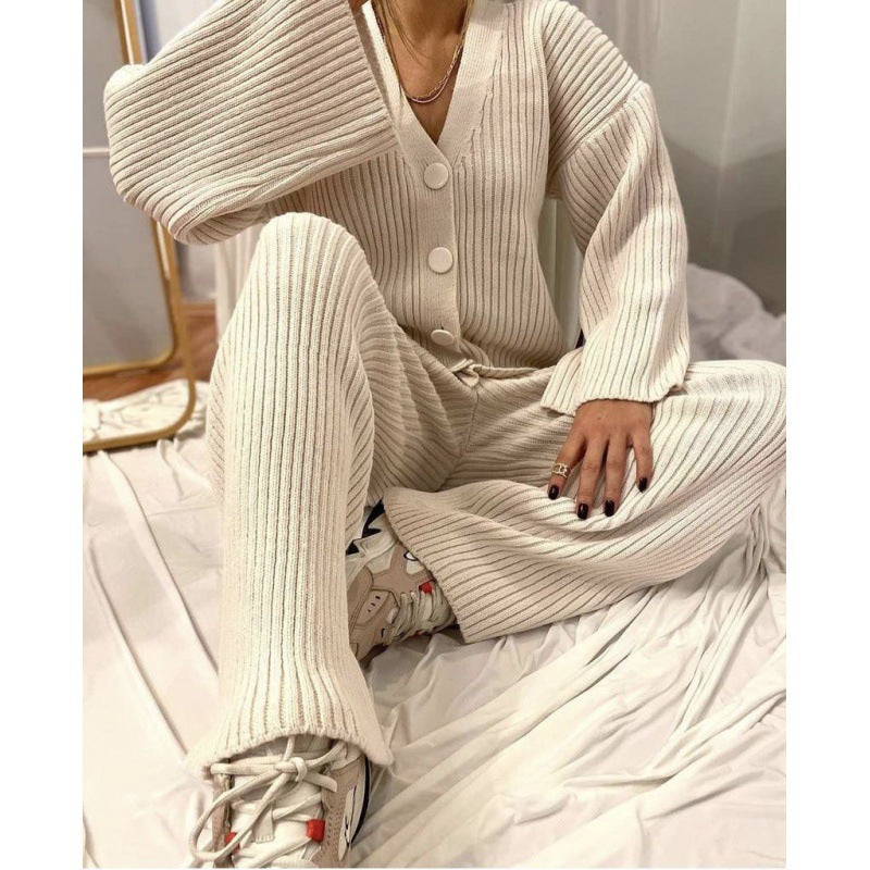 Autumn And Winter New Casual Sweater Knitted Cardigan Pants Two-Piece Set For Women