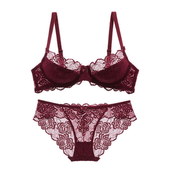 LA BELLA Sexy Bra Ultrathin Underwear Set Plus Size C D Cup Women Transparent Bra Sets Lace Embroidery Lingerie Gray Brassiere