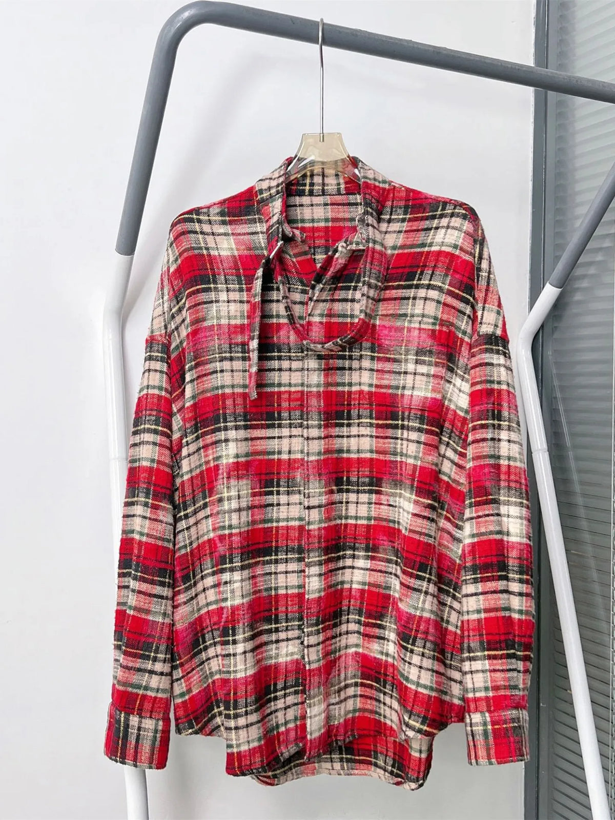 Autumn Women Red Plaid Shirt Lace-Up Stand Collar Long Sleeve Single Breasted Female  Loose Blouse
