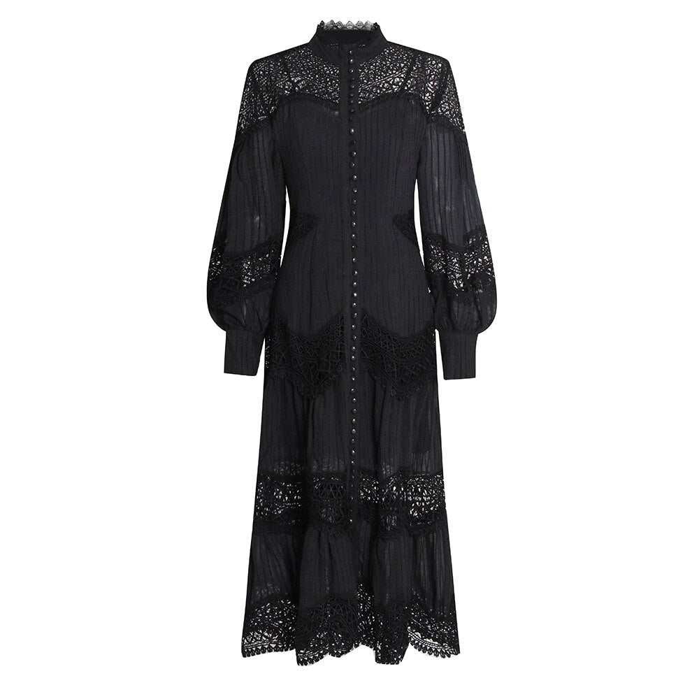 Elegant Dress For Women Stand Collar Long Sleeve High Waist Solid Midi Dresses Female