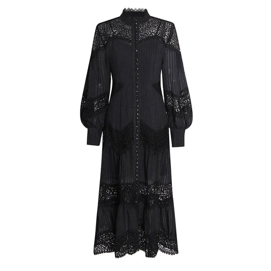 Elegant Dress For Women Stand Collar Long Sleeve High Waist Solid Midi Dresses Female
