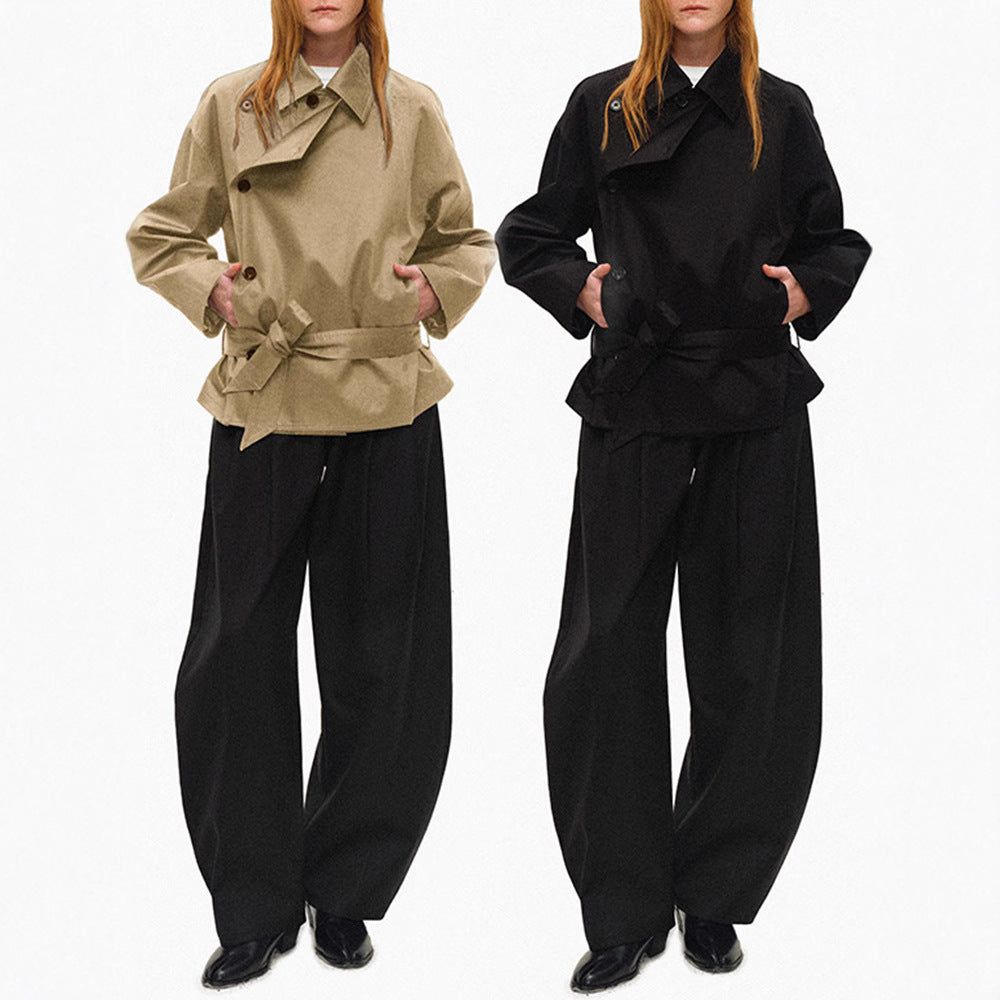Short-Cut Reversible Trench Coat with Notched Lapel, Double-Breasted, Waist-Cinching Loose Fit