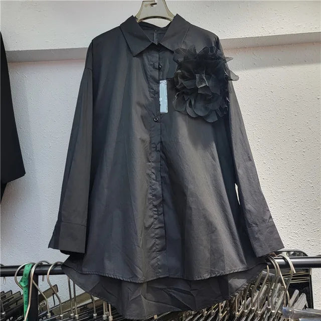 Fashion Three Dimensional Flower Design T-shirts For Women  Autumn New Loose Solid Color Long Sleeved Shirt