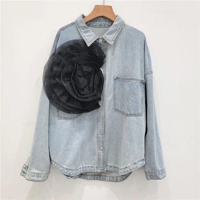 Pleated Flower Decoration Denim Shirt Top For Women  Autumn New Fashion Loose Versatile Casual Blouse Female