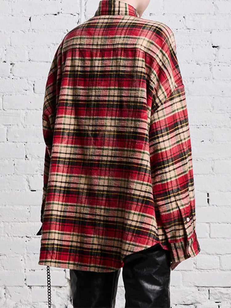 Autumn Women Red Plaid Shirt Lace-Up Stand Collar Long Sleeve Single Breasted Female  Loose Blouse