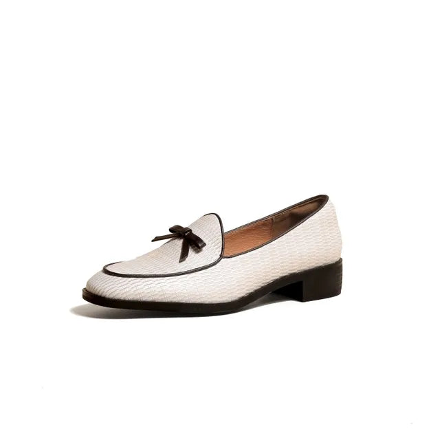 Autumn Women Loafers Genuine Leather Shoes for Women Round Toe Chunky Heel Shoes Casual Bow-knot Low Heel Women Pumps