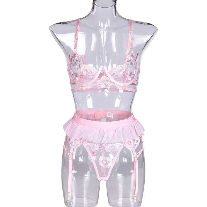 Sexy Lingerie Women's Pink Flower Embroidery Stitching  Mesh Garter Belt Three-Piece Set