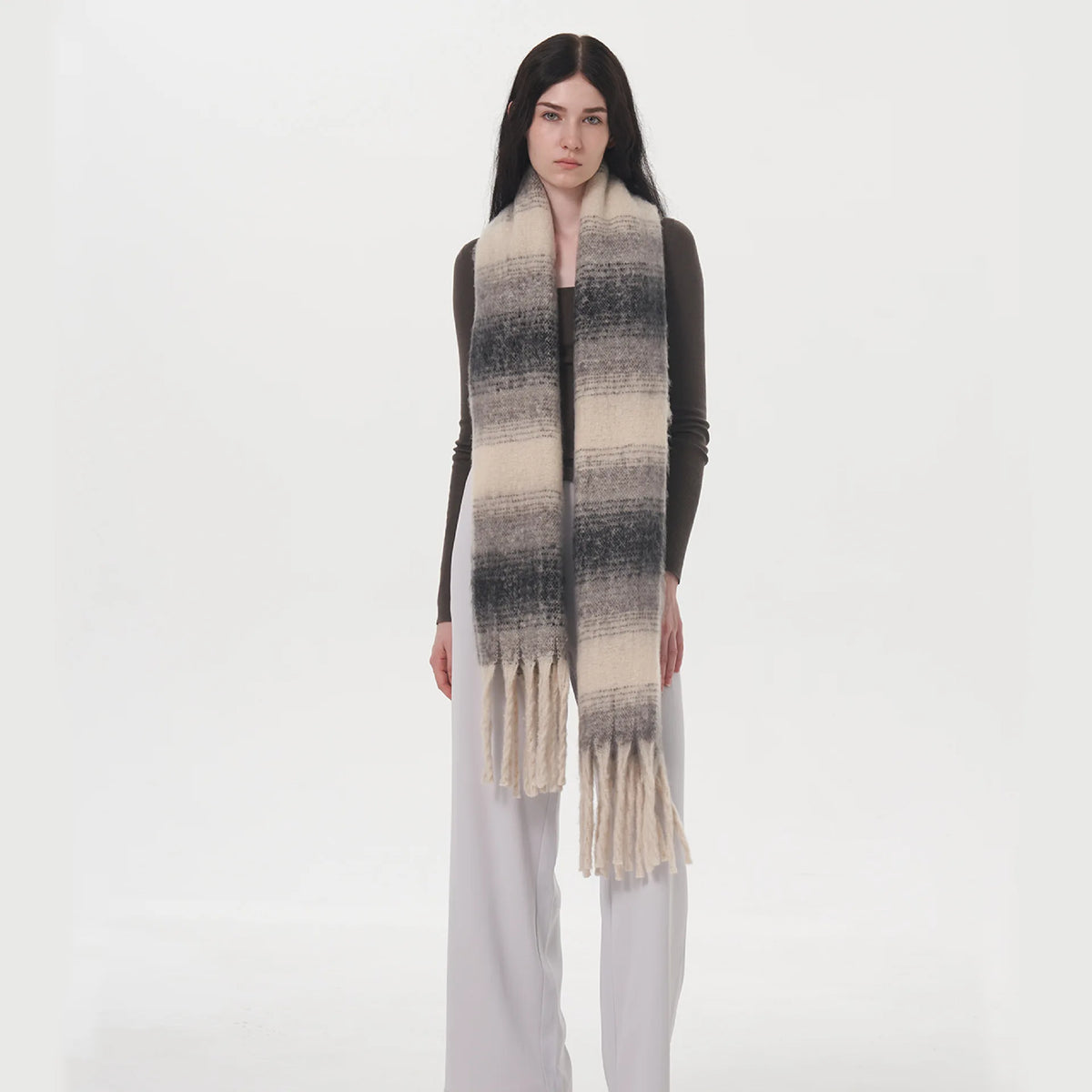 Gradient Color Block Cashmere Scarves Comfort Stripe Tassel Scarf Autumn Winter Keep Warm Simple Fashion Commuting Long Muffler