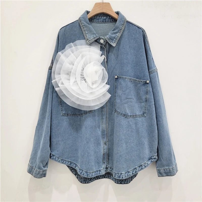 Pleated Flower Decoration Denim Shirt Top For Women  Autumn New Fashion Loose Versatile Casual Blouse Female
