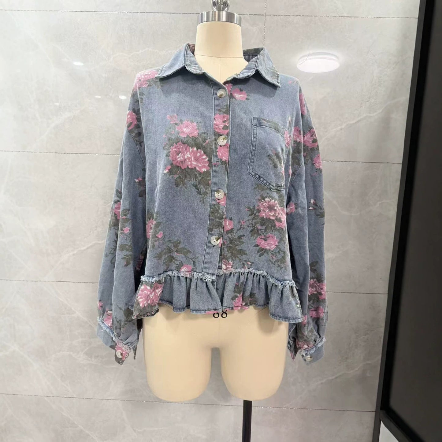 New Style Retro Washed Denim Jacket with Floral Print Loose Fashion Long Sleeve Shirt for Women
