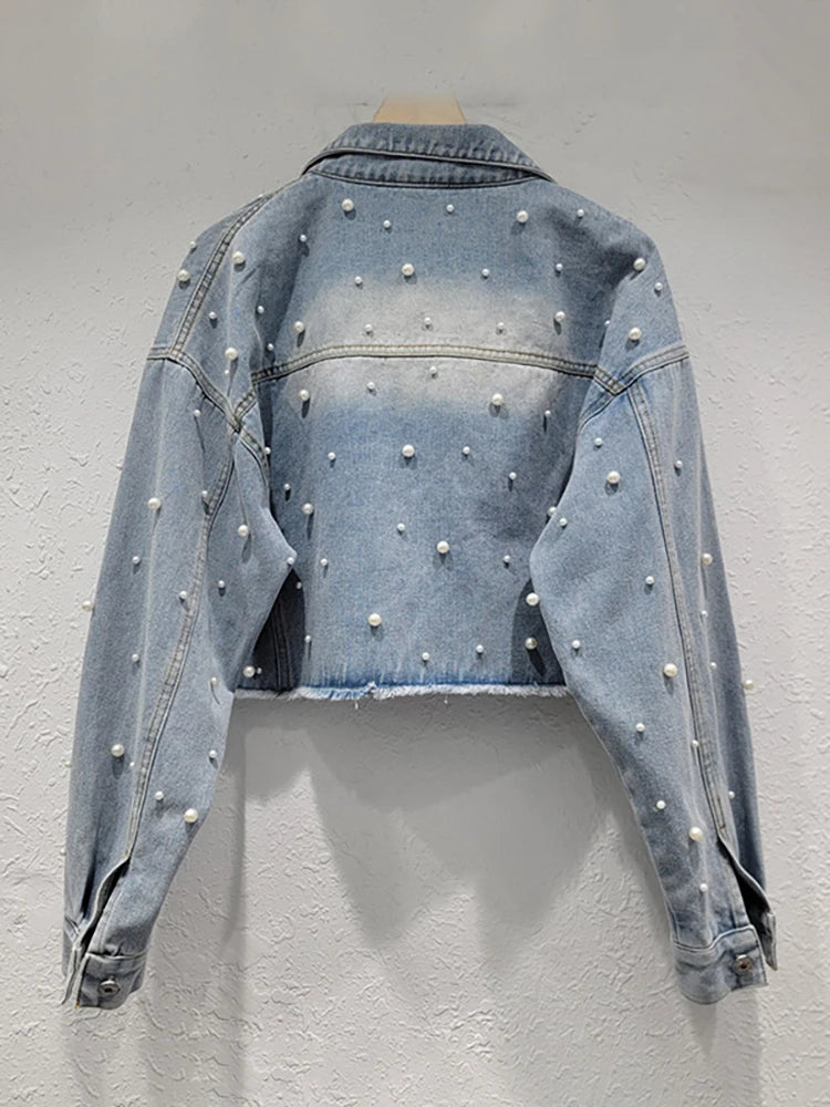 Badge of Pearls Distressed Washed Single Breasted Short Jackets  Autumn New Fashion