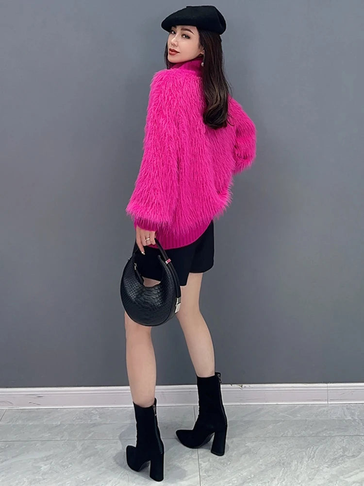 Design Sweater For Women Autumn New Turtleneck Single Breasted Solid Color Versatile Knit Cardigan
