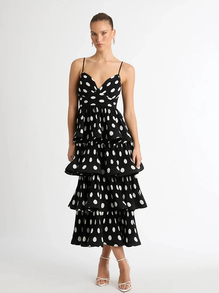 Hit Color Dot Sexy Camisole Dresses For Women V Neck Sleeveless High Waits Off Shoulder Elegant Slimming Dress Female New