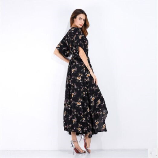 Dress Short Sleeve A Line  Floral Print Chiffon Deep V-Neck Split Sexy Women Summer Dresses Bohemian Beach Elegant Party Vestido