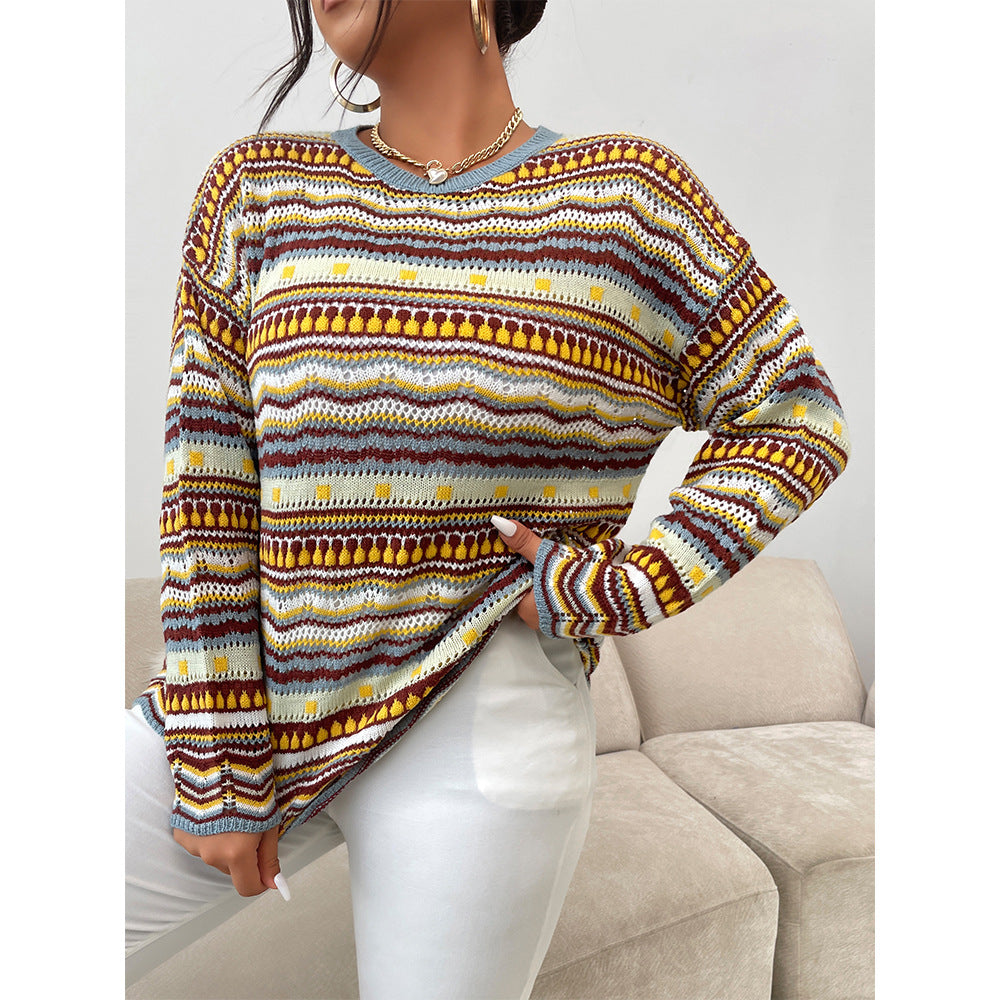 Autumn And Winter New Large Size Loose Long-Sleeved Striped Knitted Sweater Round Neck Sweater Women