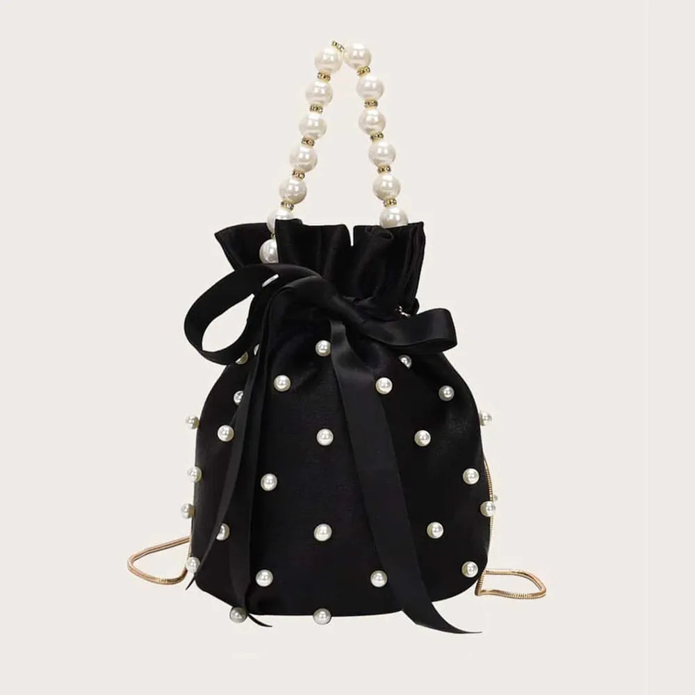 Badge of Pearls Detailed Solid Color Bucket Bag