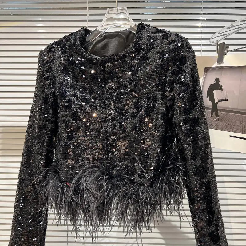 Designer Fashion High Quality Slingle Breasted Ostrich Feather Short  Jacket Coats Lady Chic Overwear