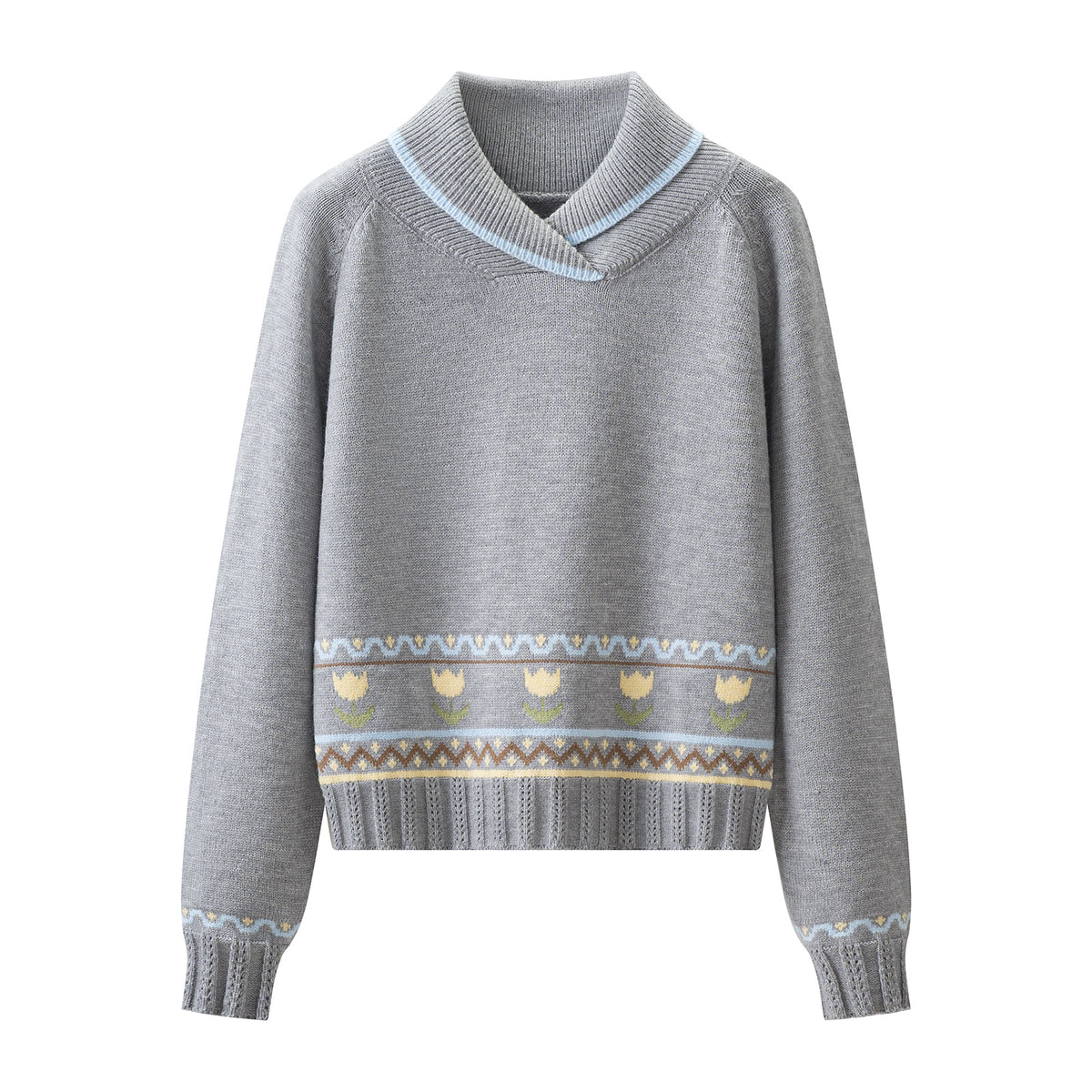 Casual Gray Jacquard Color-Block Knit Top and High Waist Straight Long Skirt Two-Piece Set for Women