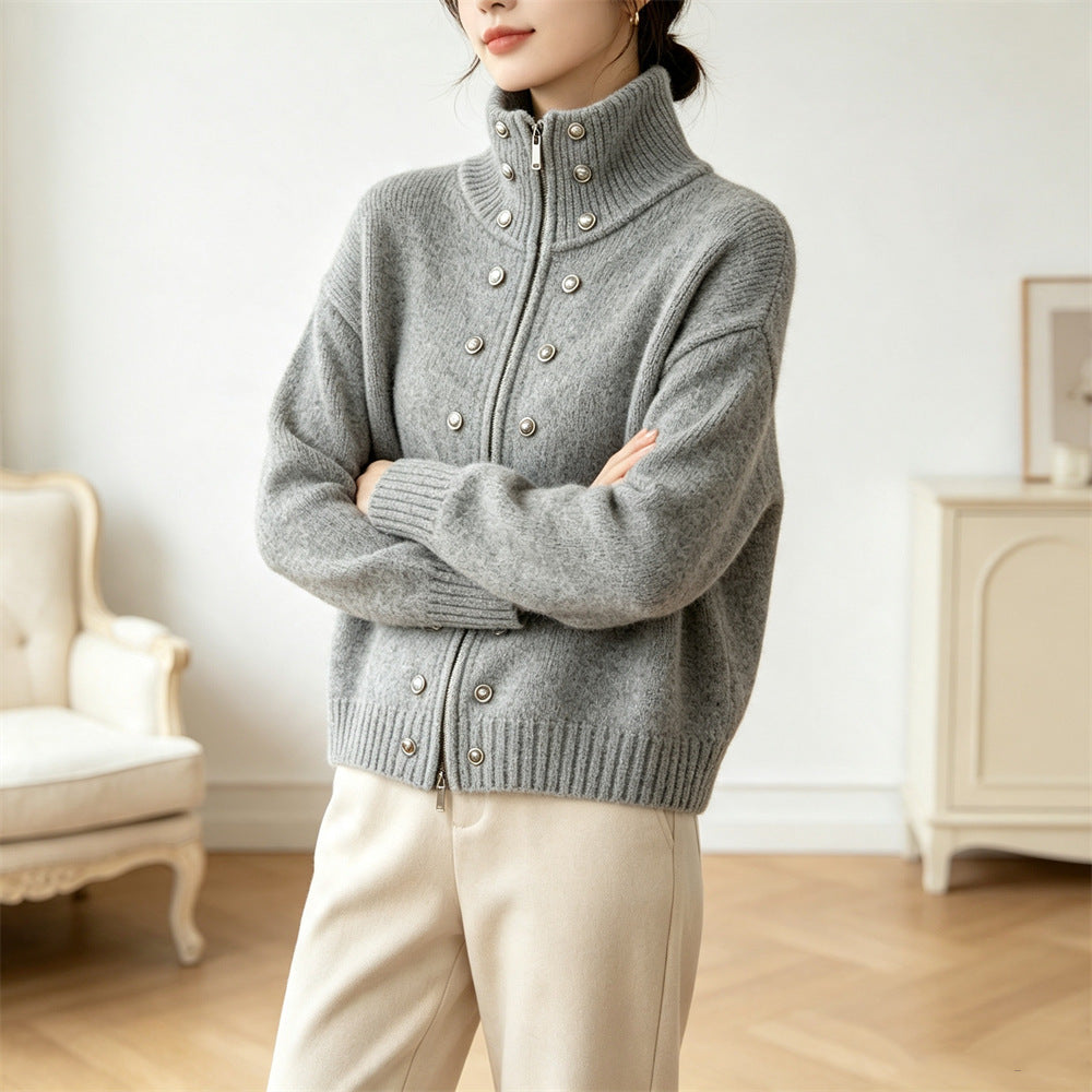 Double row decorative buckle solid color zipper sweater