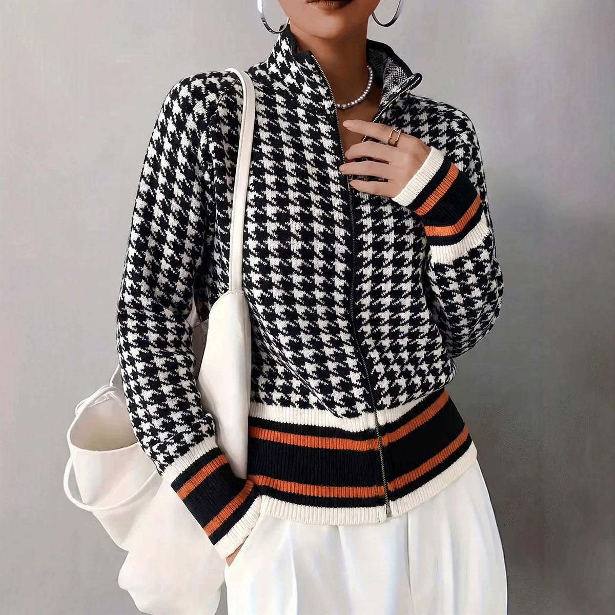 Stand up collar zipper knitted cardigan for women in autumn and winter