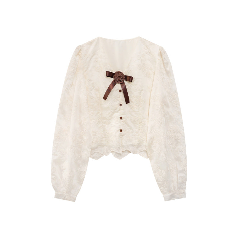 Embroidered bow top for women