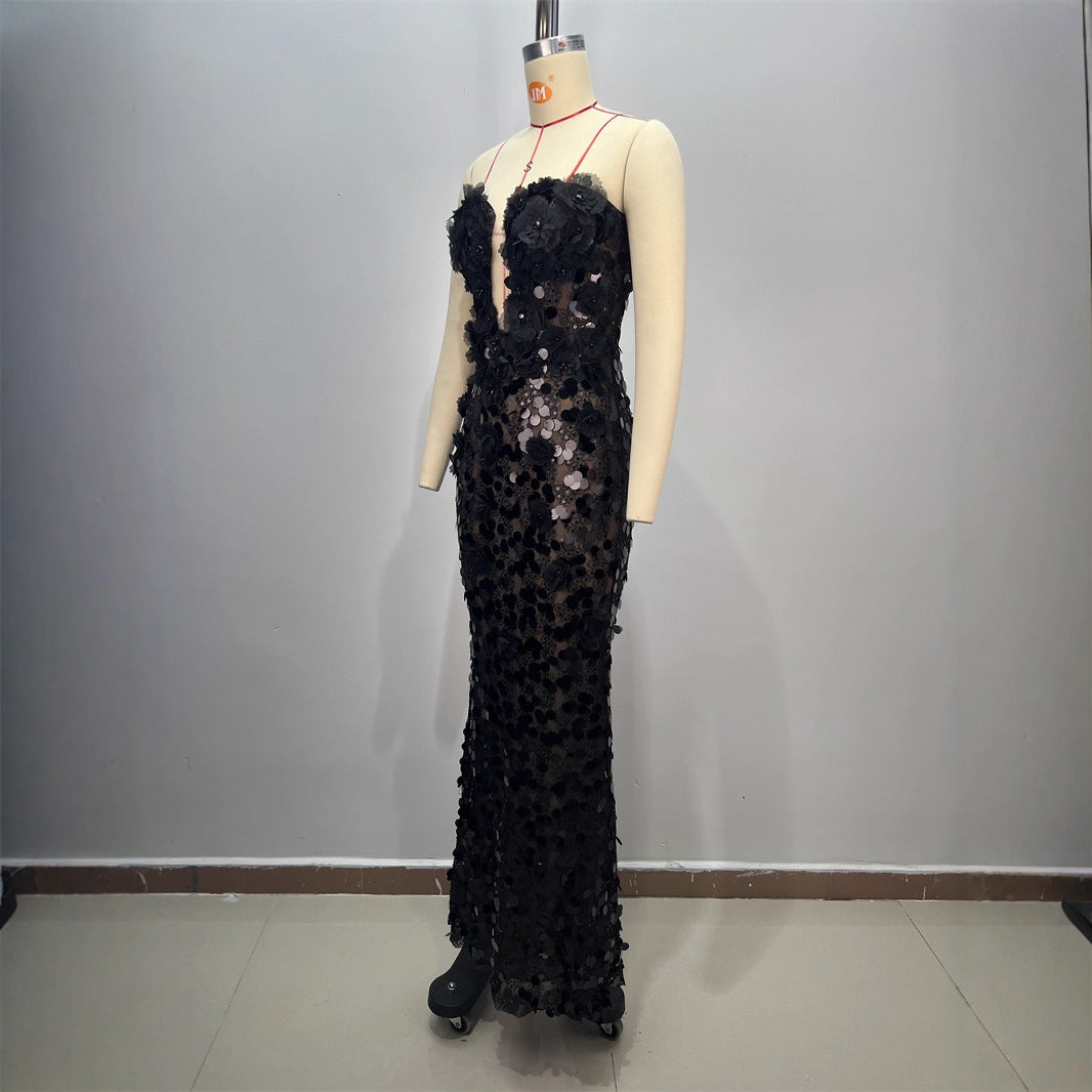 Black Fashion Strapless Floral Embellished Dress Women Summer Elegant Mid-Length Waist-Cinched Formal Gown