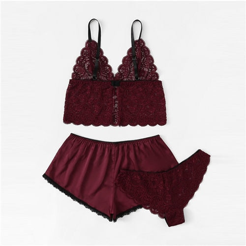 LA BELLA Army Green Sexy Floral Lace Cami Lingerie Set Burgundy Women Bra And Brief Sets Wireless Sexy Underwear Bra Set