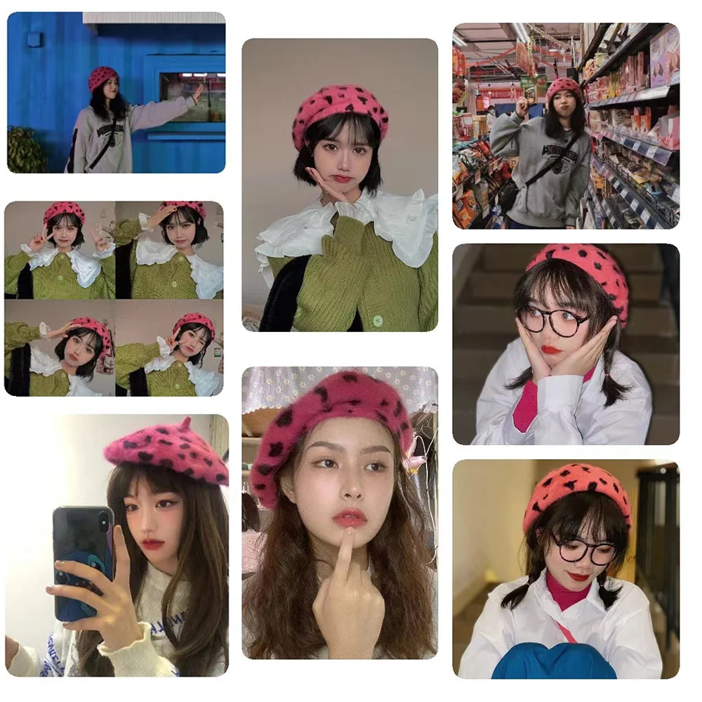 Dr. Powtry's Beret Women Rabbit Fur Spotted Leopard Beret Sherlock Hat Beret Cute Elegant Beret Warm Hat Elegant Ladies Winter Hat Wholesale