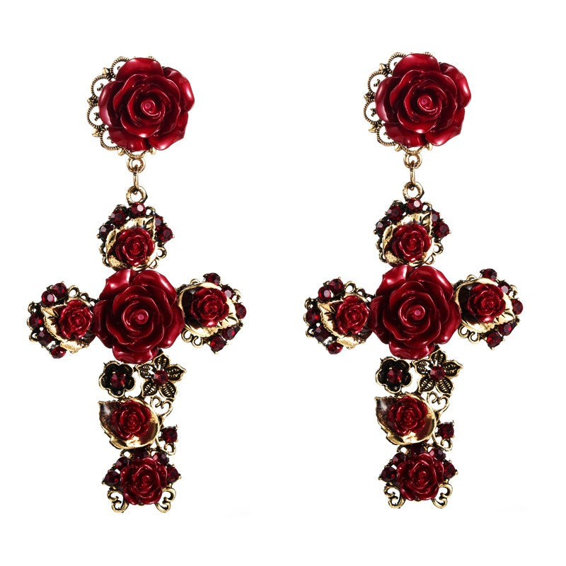 Fashionable Baroque Rose Flower Cross Long Earrings Retro European and American Earrings
