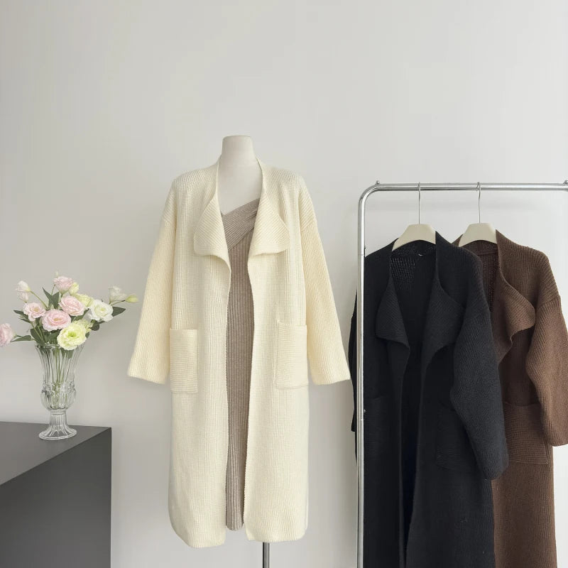 Autumn Winter Women Long Knitted Cardigan With Pockets Lazy Style Warm Loose Causal Sweater Jacket Versatile Overcoat