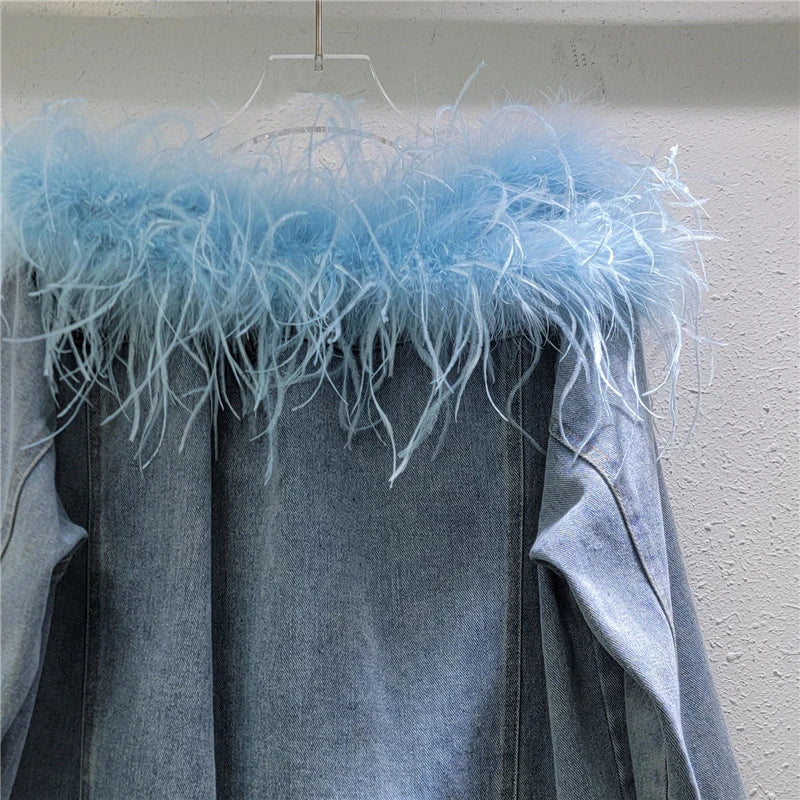 Women's Fashion Feather Patchwork Slash Neck Single Breasted Denim Coats Spring New Items Loose Jackets
