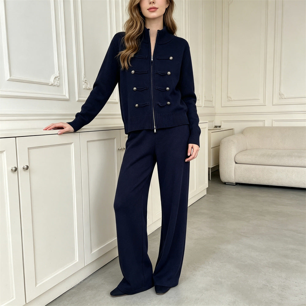 Double zipper long sleeved sweater set for women