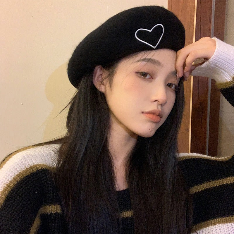 Poetic Wool Beret Hat For Women Heart-shaped Embroidery Painter Hat Retro Casual Octagonal Hat Bonnet Enfant