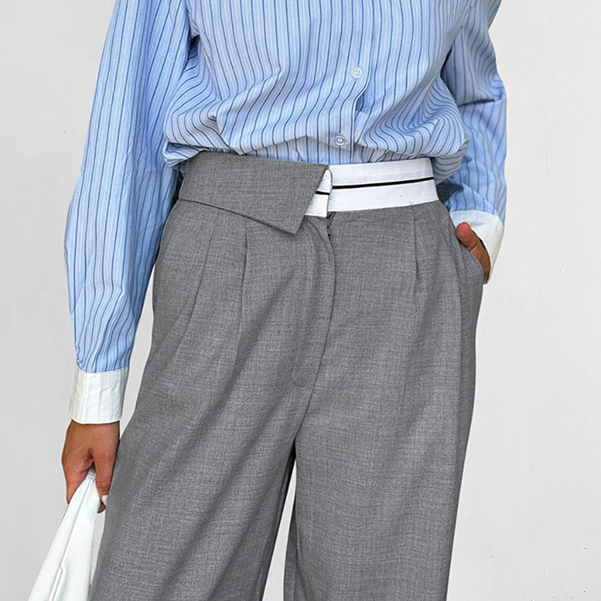 Autumn and winter fashion temperament versatile loose design sense casual splicing high waist straight leg pants for women