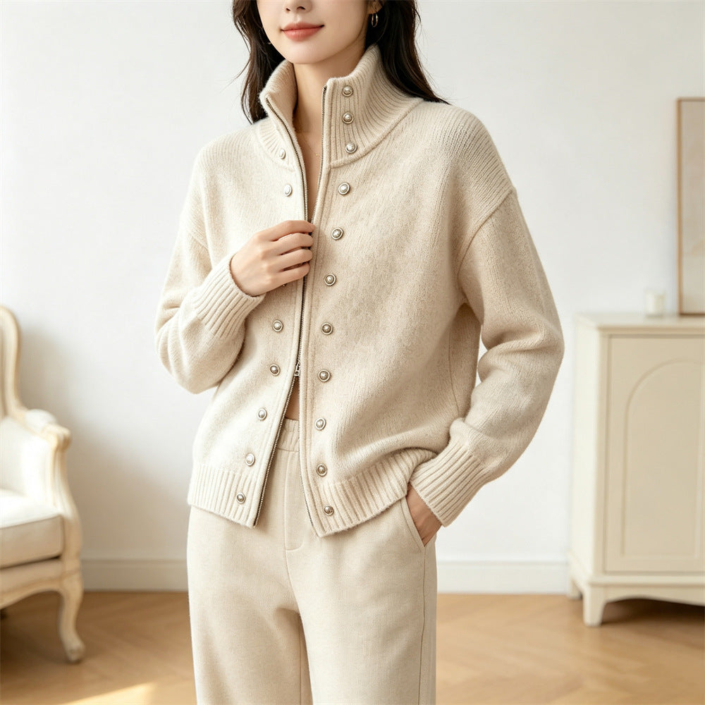 Double row decorative buckle solid color zipper sweater