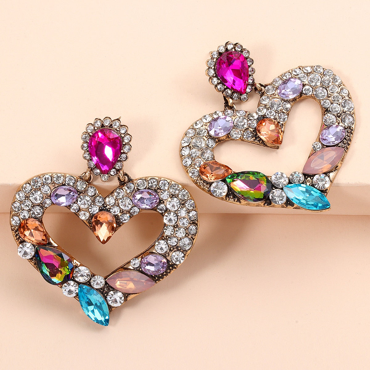 Juran Fashion Heart Shaped Crystal Drop Earrings for Women Colorful Stones Luxury Jewelry Baroque Gorgeous Earrings