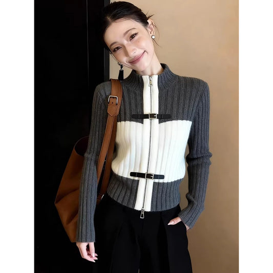 Elegant Color-Blocked Versatile Half-Stand Collar Zip-Up Knit Cardigan Women's Commuter Style Top