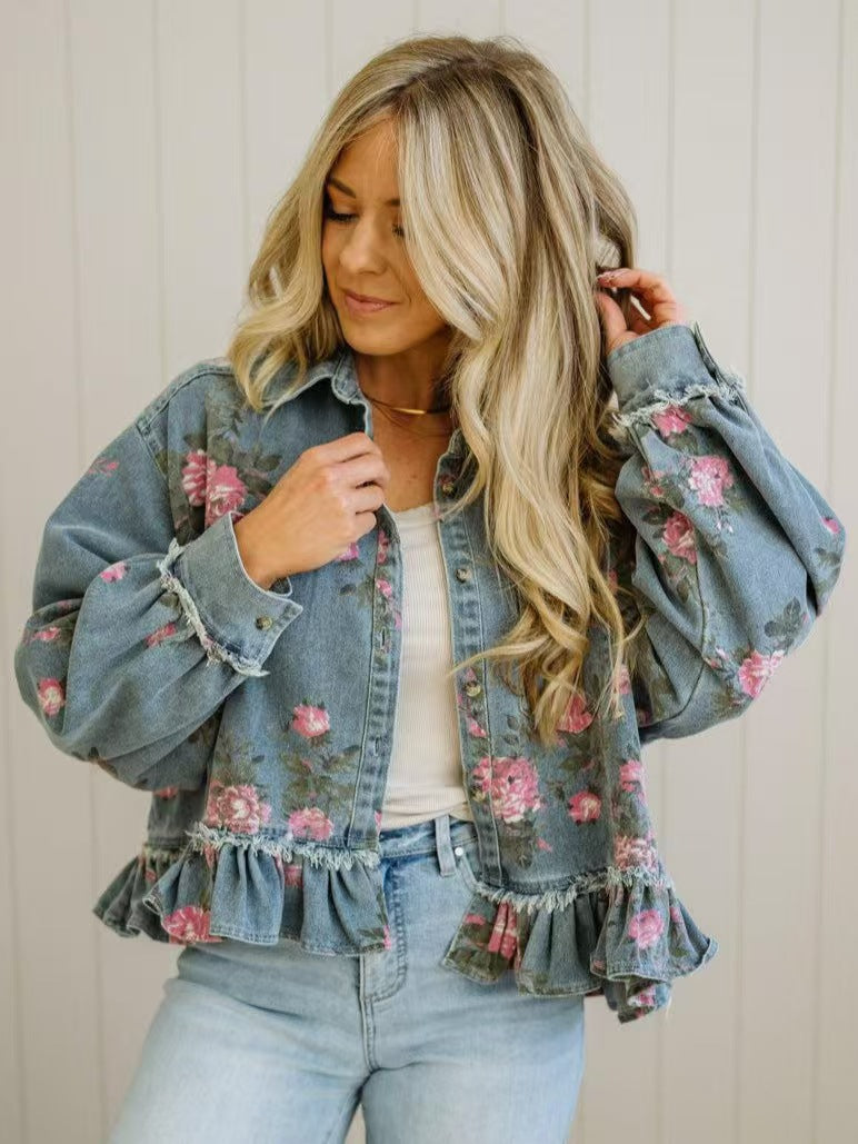 New Style Retro Washed Denim Jacket with Floral Print Loose Fashion Long Sleeve Shirt for Women