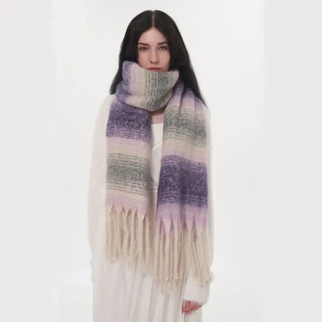 Gradient Color Block Cashmere Scarves Comfort Stripe Tassel Scarf Autumn Winter Keep Warm Simple Fashion Commuting Long Muffler