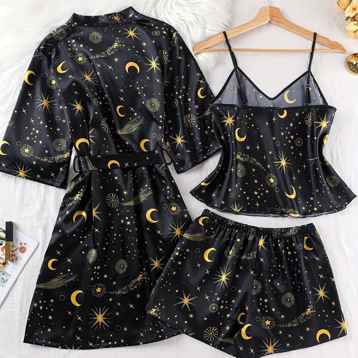 Ladies' Sleepwear Set with Star and Moon Design, Silk-like Satin Robe and Silk-like Strap Shorts