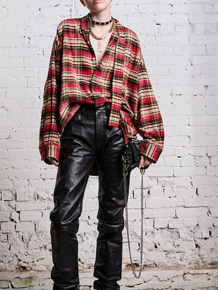 Autumn Women Red Plaid Shirt Lace-Up Stand Collar Long Sleeve Single Breasted Female  Loose Blouse