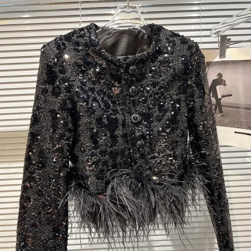 Designer Fashion High Quality Slingle Breasted Ostrich Feather Short  Jacket Coats Lady Chic Overwear