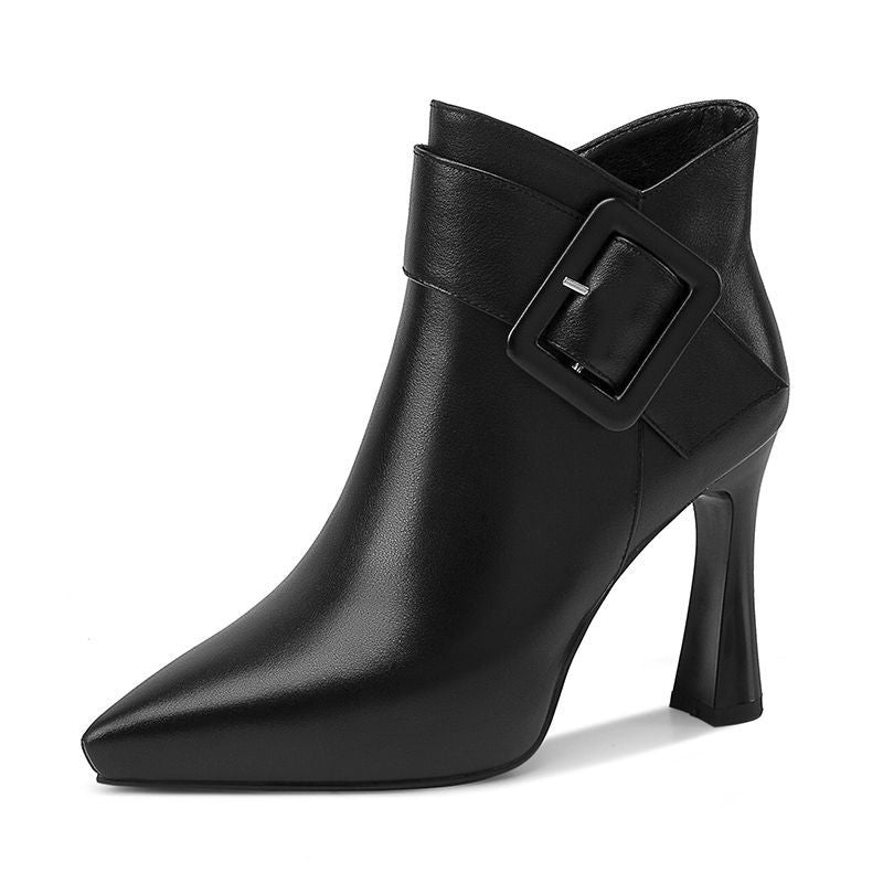 Faux Leather Pointed Toe High Heel Ankle Boots with Buckle Detail for Women