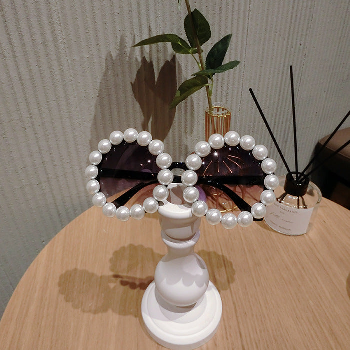 Retro Round Sunglasses Women's Trendy Elegant Pearl Inlaid Sunglasses Net Red Star With UV Protection