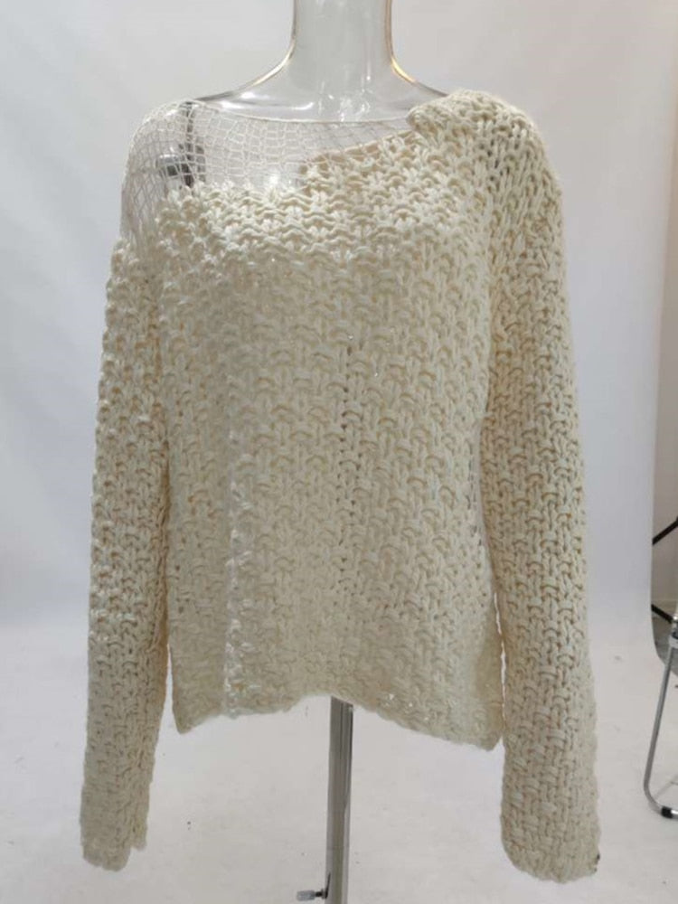 Broken Round Neck Full Sleeves Knitting Pullover Loose Female Top Autumn And Autumn Fashion Women Knits