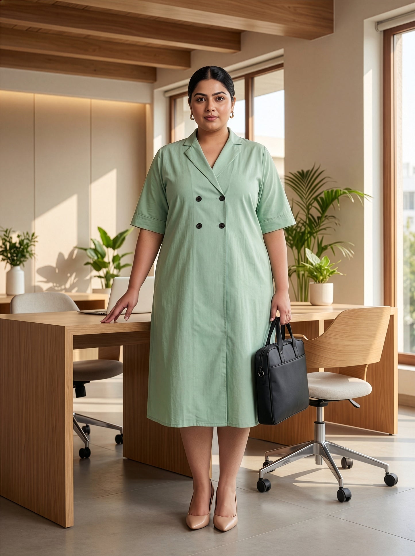 Plus Size Sage Green Cotton Linen Shirt Dress- Office Wear Midi Dress for Women