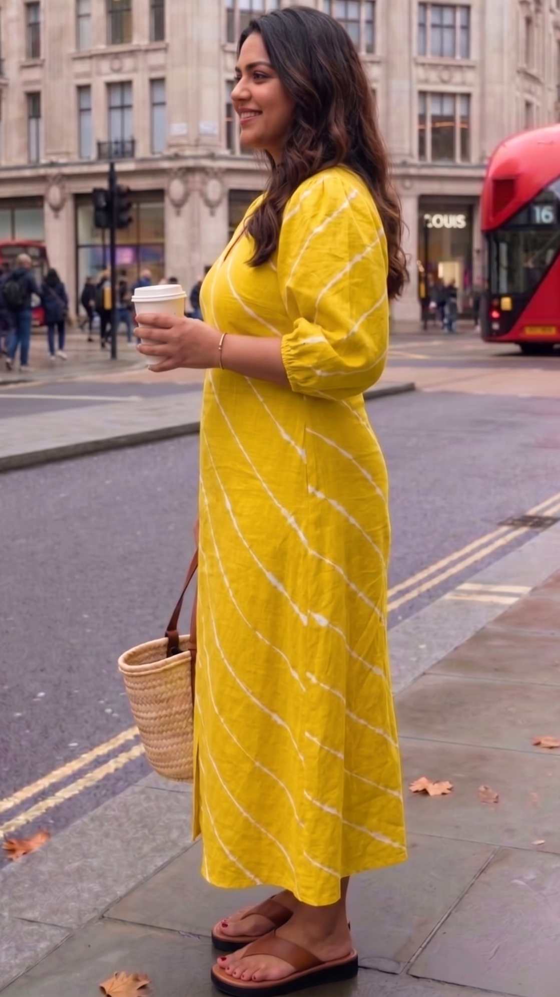 Plus Size Yellow Cotton Midi Dress – Tie-Dye Stripe V-Neck Casual Dress for Women